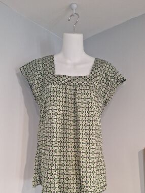 Banana Republic Green and Cream Geometric Square-Neck Blouse